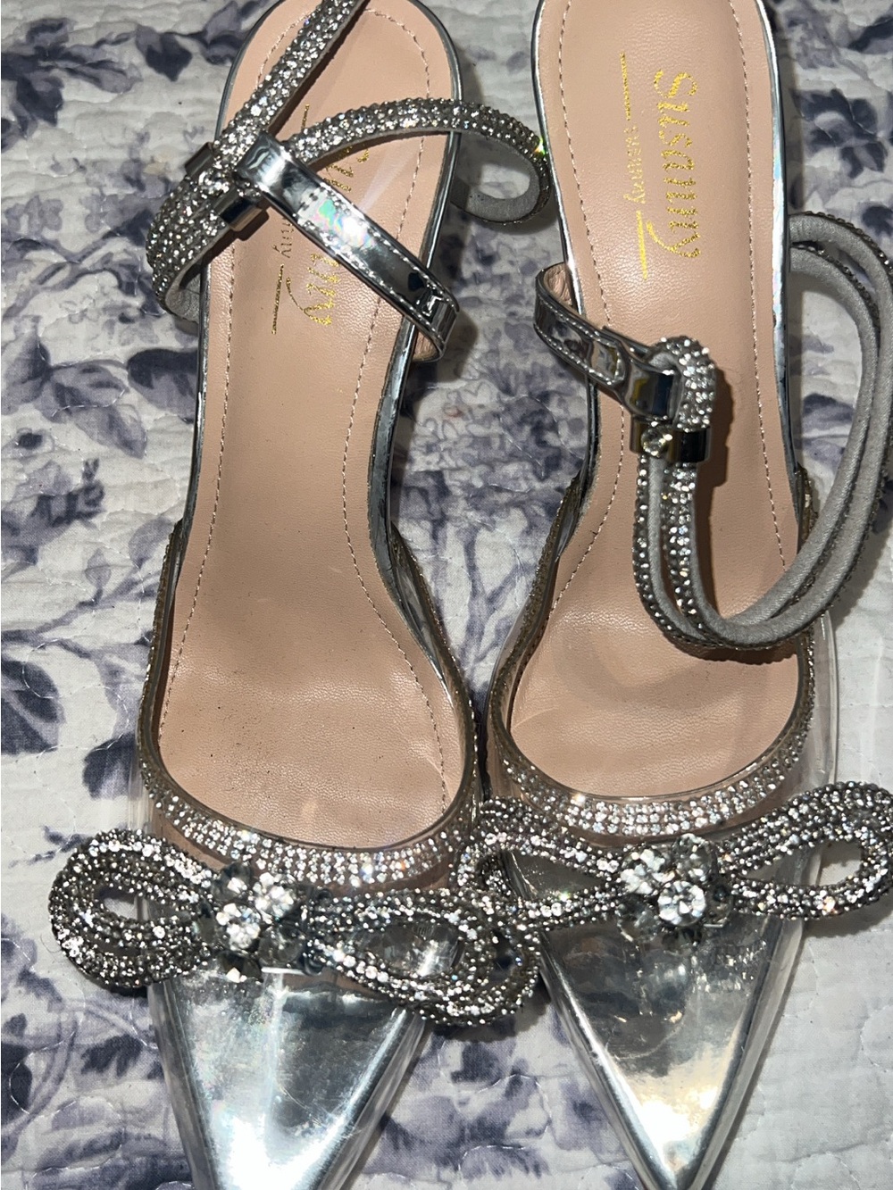 Silver Crystal Embellished Pointed Toe Heels